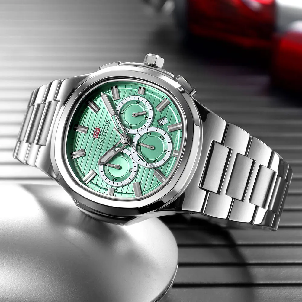 MINI FOCUS Men's Waterproof Quartz Watch Luminous Steel Band Multifunction Chronograph Business Casual Wristwatch with Date 0610