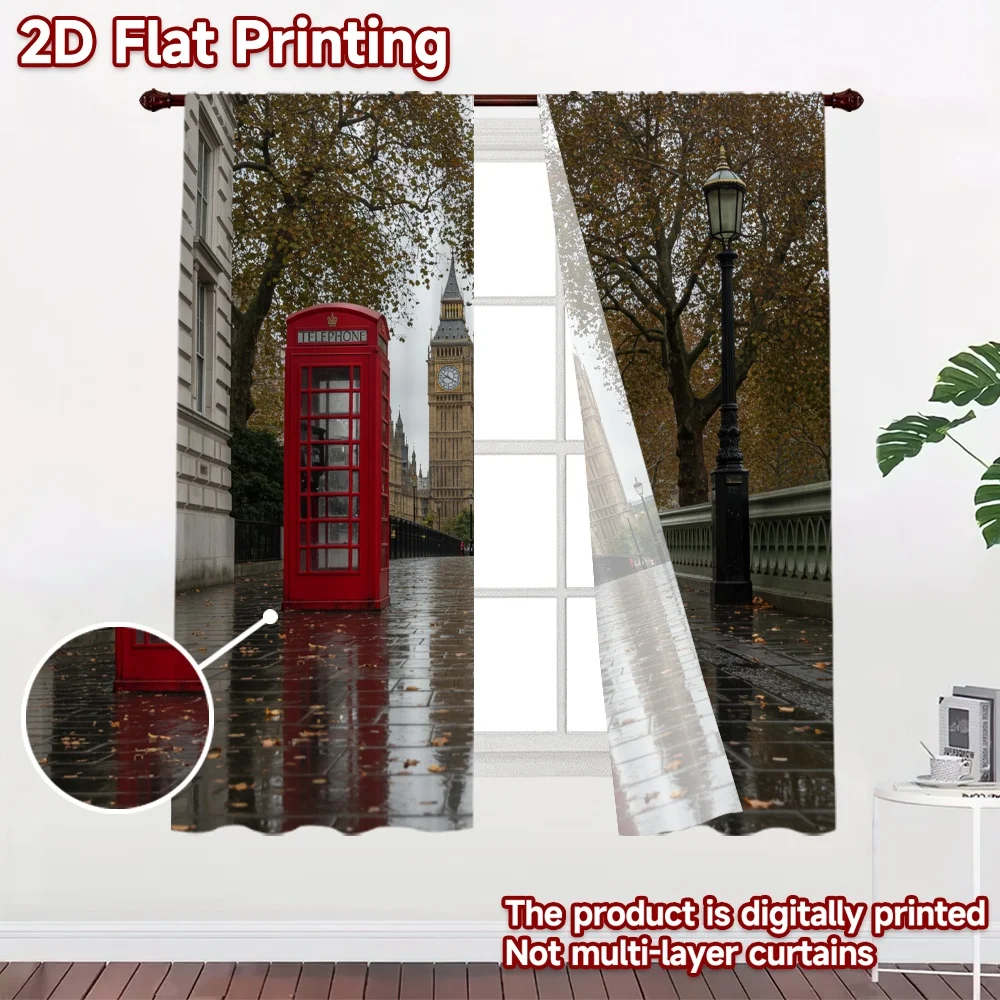 2D flat 2pcs Curtain Home Short Curtains London Rainy Street Scene Digitally printed polyester Party & Holiday Decor for All
