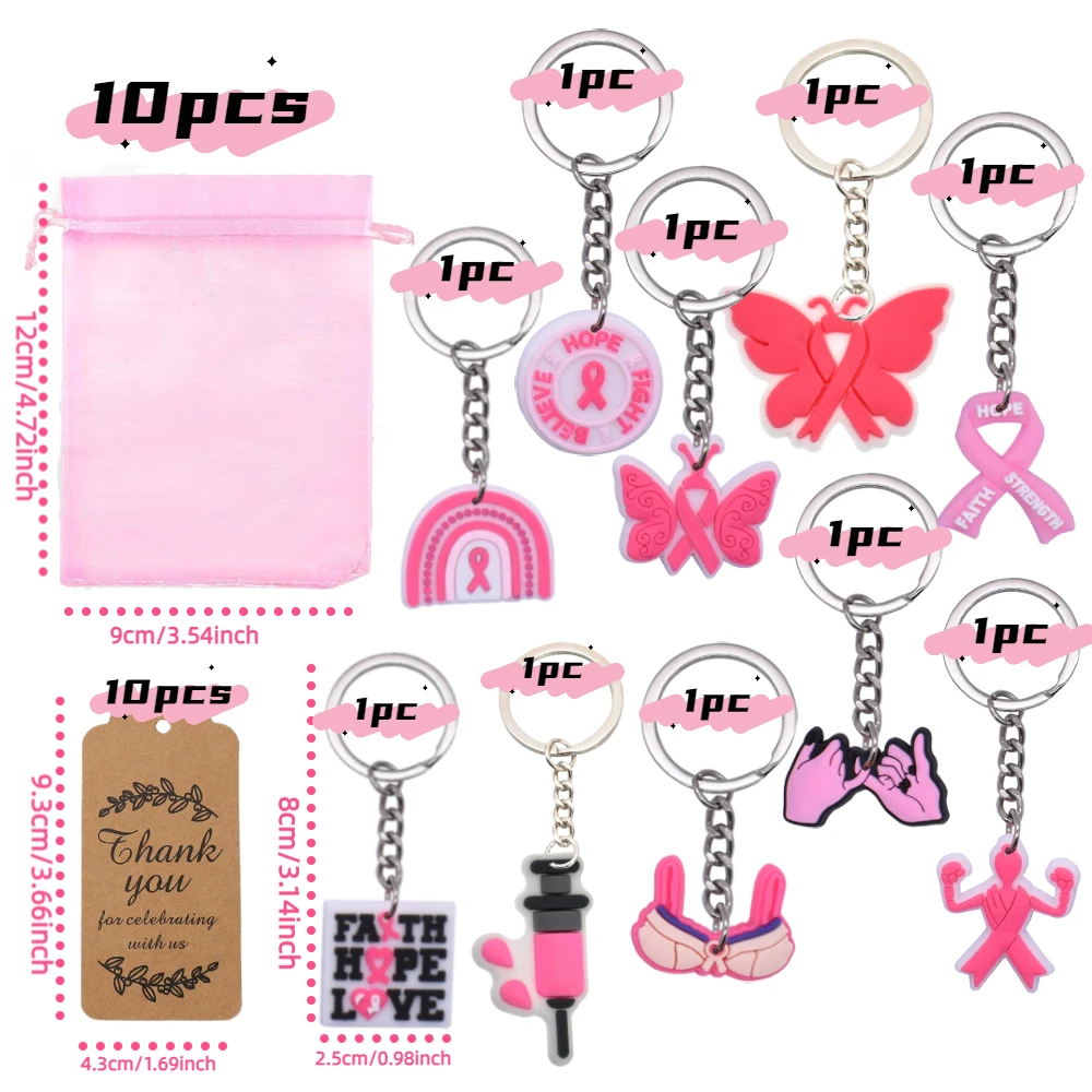 10 Sets Breast Cancer Awareness Keychains, Inspirational Gifts for Cancer Survivors and Fighters