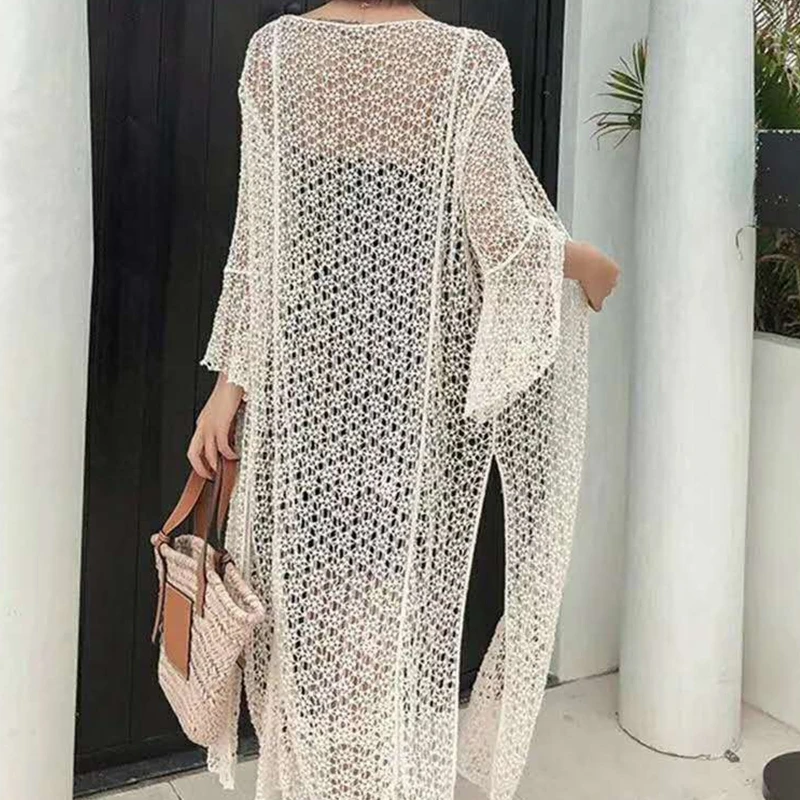 Women Summer Flare Sleeve Long Kimono Cardigan Boho Hollow Out Crochet Sheer Lace Swimsuit Cover Up Side Split Open Front Beach