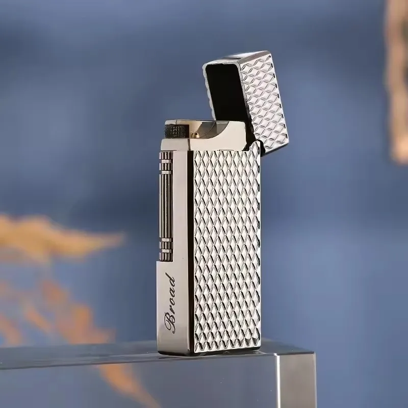Broad New Premium Classic Side Slide Flint Wheel Butane Lighter Slant Flame Metal Engraved For Pipe Men Collection Festival Gift