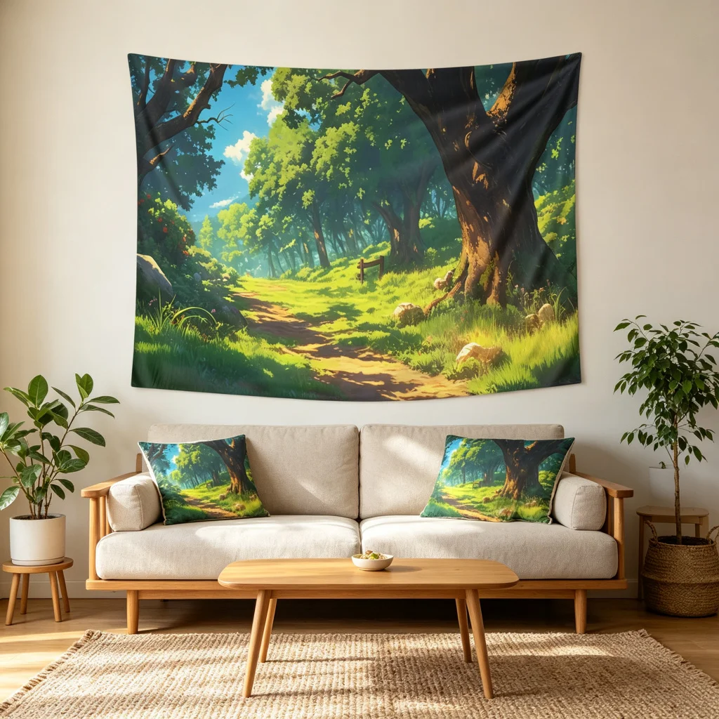 1PC Anime Forest Path Tree View Print Backdrop Banner, Bedroom Living Room Photo Background, Polyester, Home Decor, Wall Art