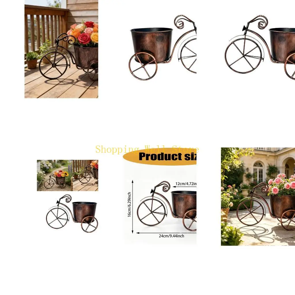 KX4B Retros Iron Bicycles Flowers Pot Garden Planter with Rustproof Wheel for Garden