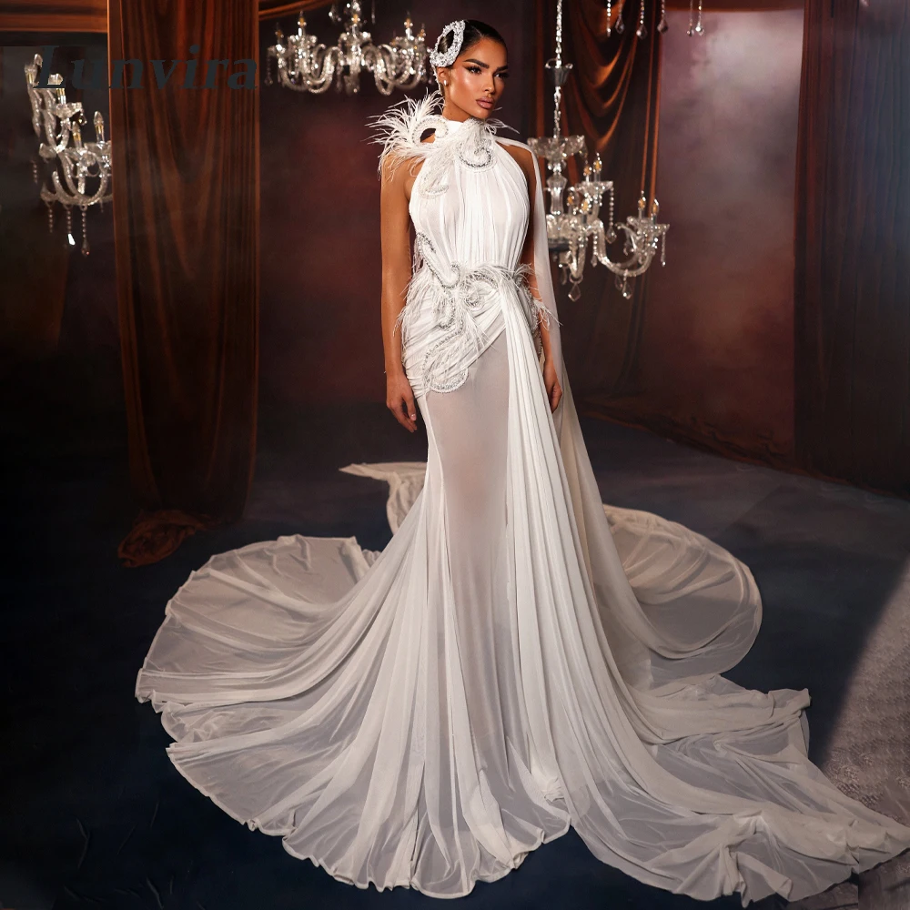 Lunvira Exquisite Feather Bridal Dress Rhinestones Halter Pleat Chiffon Pearls Court Train Cape Robe De Mariee Customized