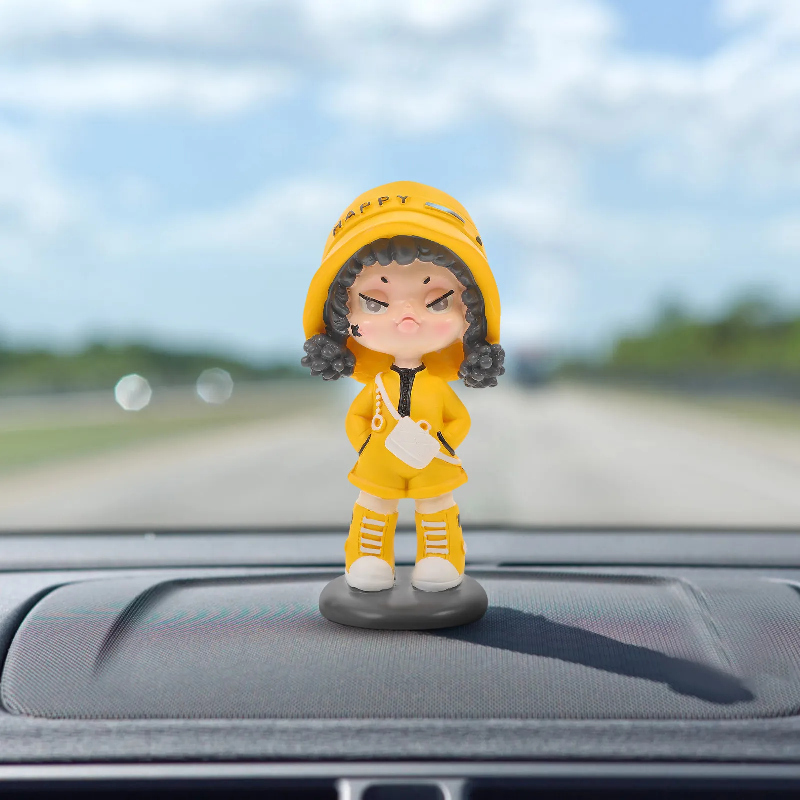 

Yellow Resin Metal Girl Statue Decor Cartoon Adornment for Car Dashboard Home Office Yard Table Window Living Room