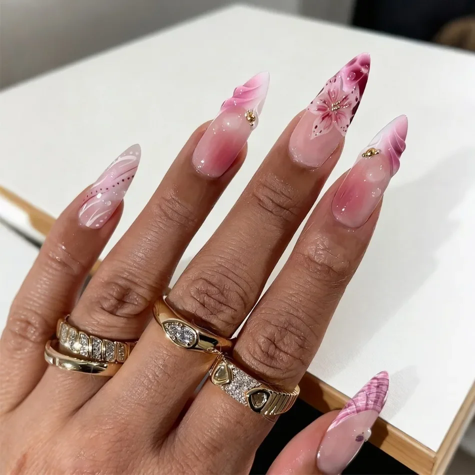 Pink Gradient 3D Rose Flower Gold Bead Plaid Handmade Press On Nails Reusable False Nail Art For Daily Party Holiday Wear JT39