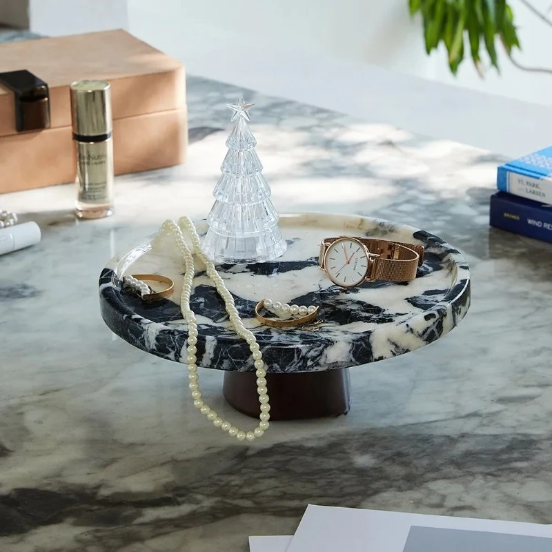 Natural Marble Fruit Bowl, Elevated Round Dessert Stand, Decorative Tray for Entryway Table, Aroma Jewelry Dish for Home Decor
