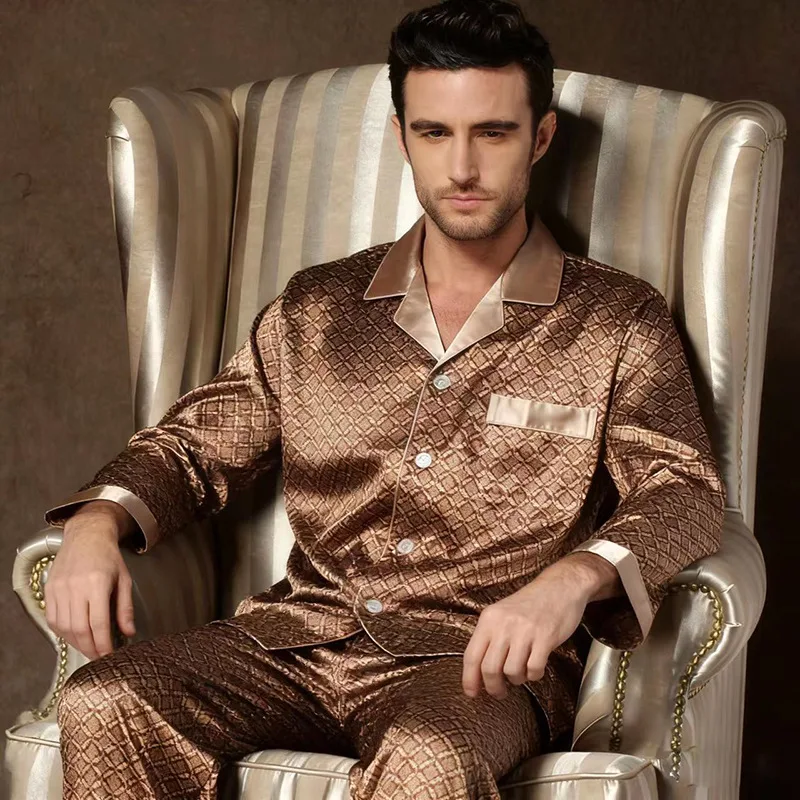 2PCS Men's Geometric Print Pajama Set Loungewear Spring New Thin Polyester Ice Silk Sleepwear Plus Size Homewear Pijamas Suit