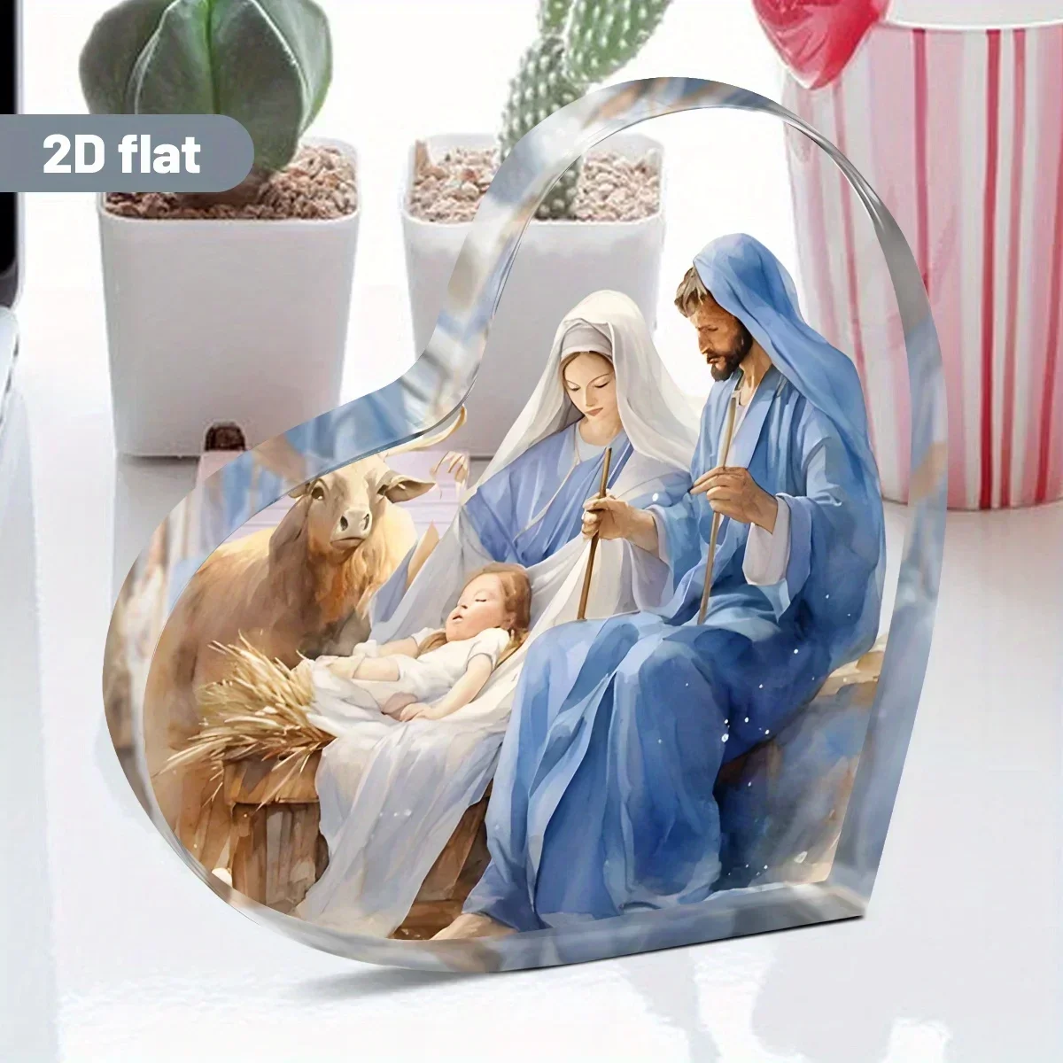 Holy Family Nativity Scene Heart Acrylic Plaque Watercolor Christian Desktop Decor