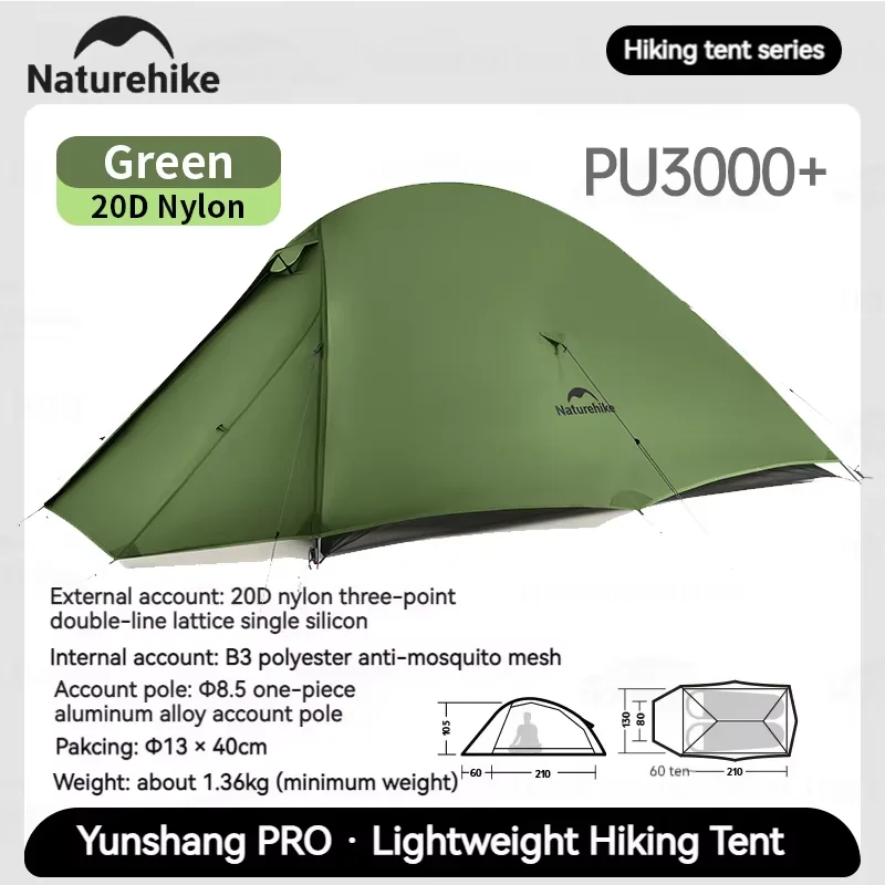 Naturehike Cloud Up Pro Kampeertent 1/2/3 personen 20D Nylon Wandeltent Ultralichte draagbare waterdichte lichtgewicht tent voor buiten