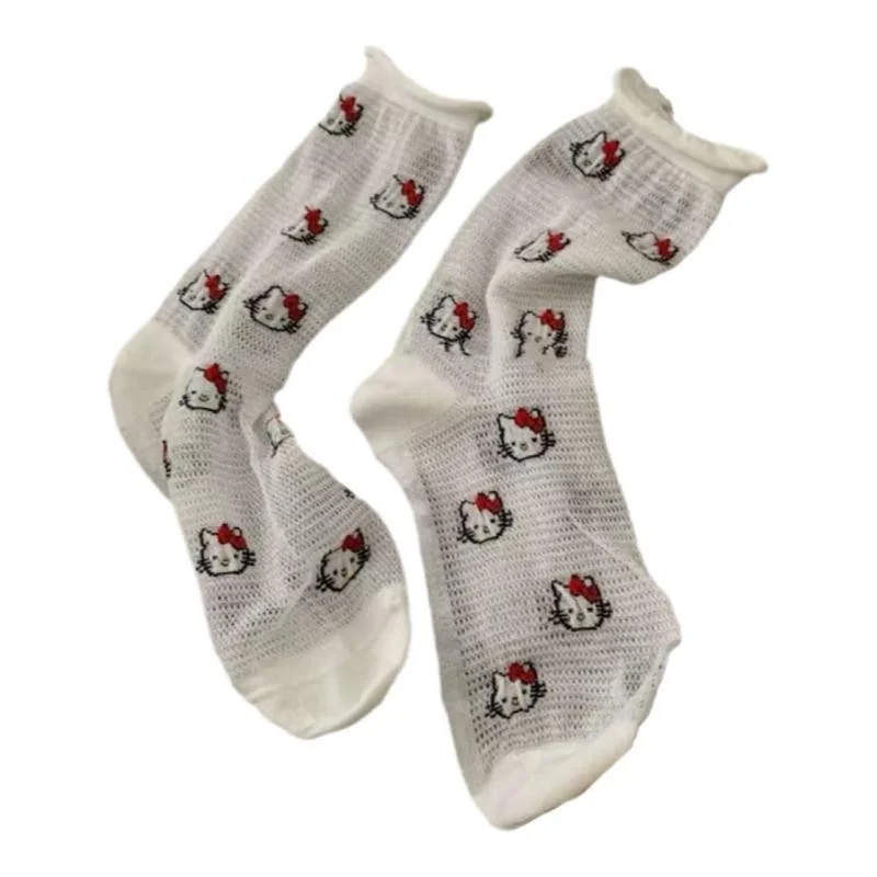 Chaussettes mi-mollet Hello Kitty pour femmes, édition fine, évider, respirant, nœud papillon, mignon Kawaii, habillage, été