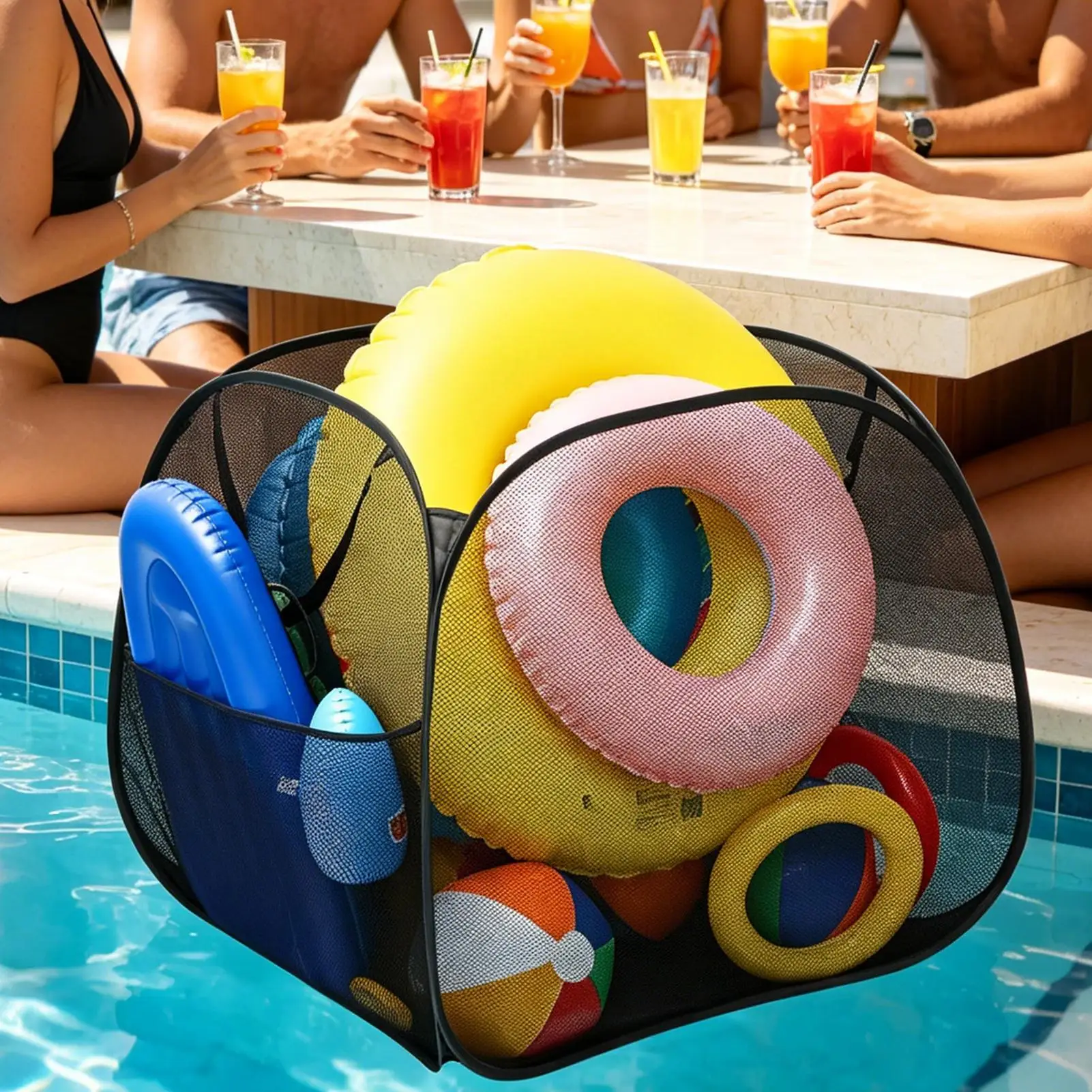 

Pool Toy Organizer Large Capacity Foldable Container Swimming Accessories Pool Organizer for Beach Balls Towels Inflatable Ring
