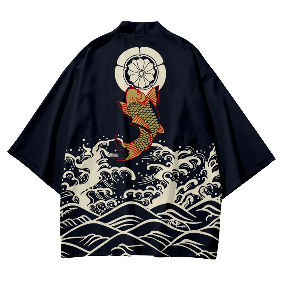 Summer Beach Wave Carp Print Women Kimono Streetwear Traditional Cardigan 3/4 Sleeve Shirt Haori Fashion Kimono Yukata Men