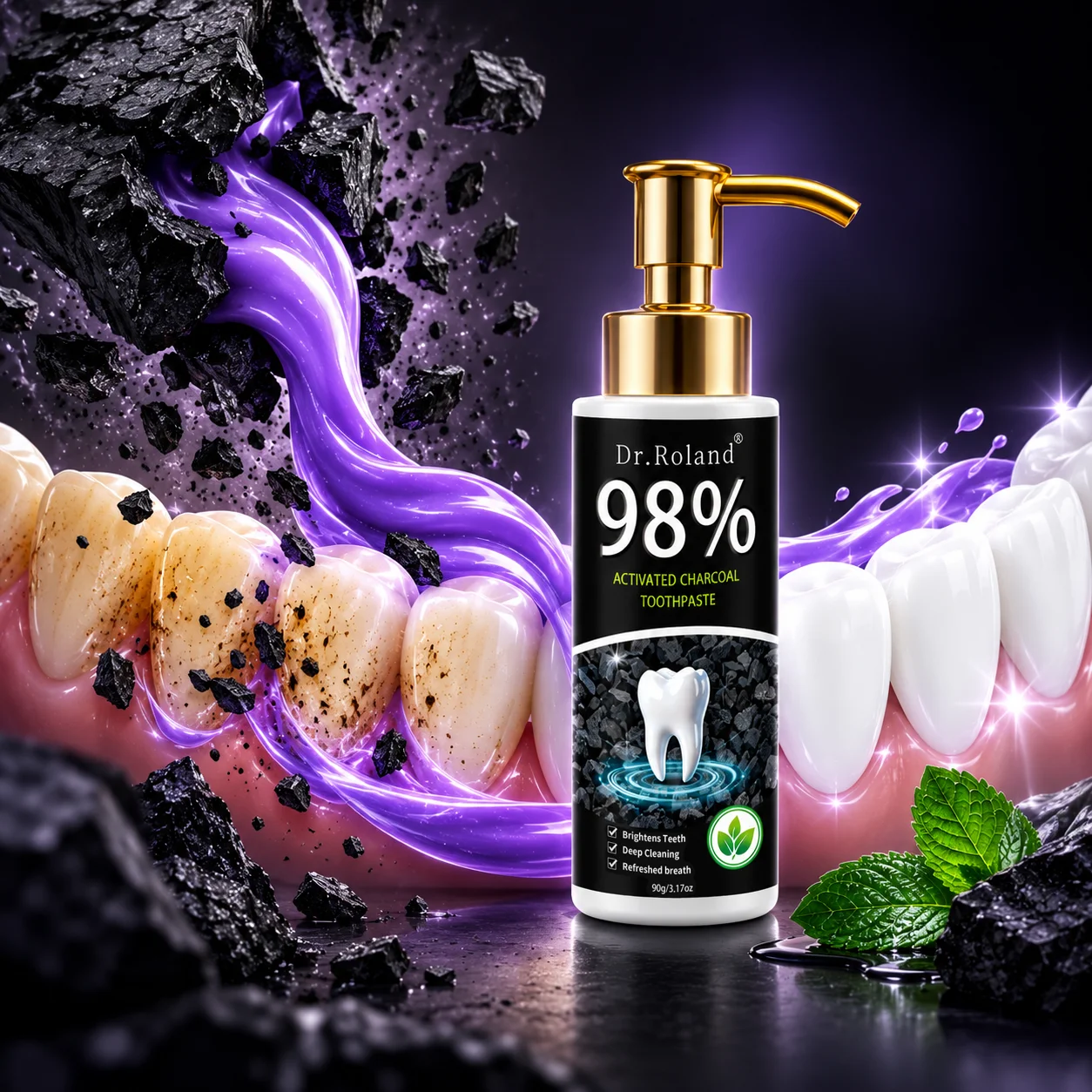 98% Activated Charcoal Hydroxyapatite Toothpaste Enamel Care Whitening Sensitive Teeth Stain Removal Xylitol Mint Fluoride Free