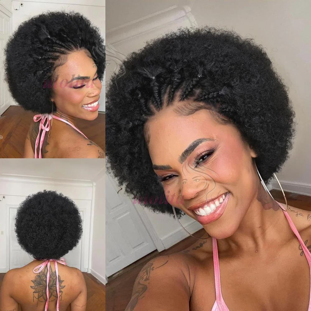 13x4 Lace Front Afro Short Curly Wig Human Hair Precolored Front Braided Afro Curly Human Hair Wig Brazilian Bouncy Curly Hair