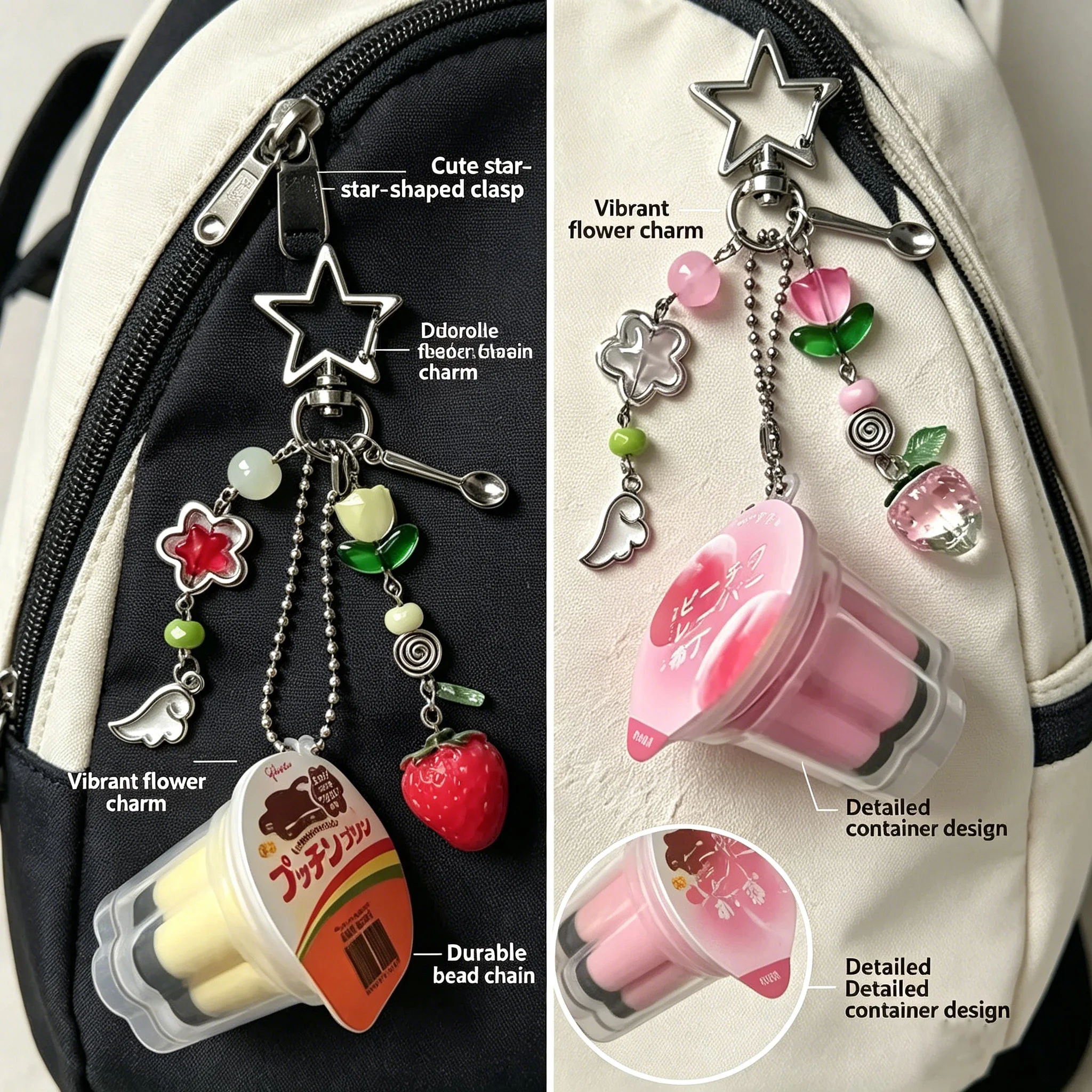 Llavero de Pudín Japonés, Colgante de Flan de Huevo Rosa y Amarillo, Accesorio de Cuentas con Estética Retro Y2K Heisei