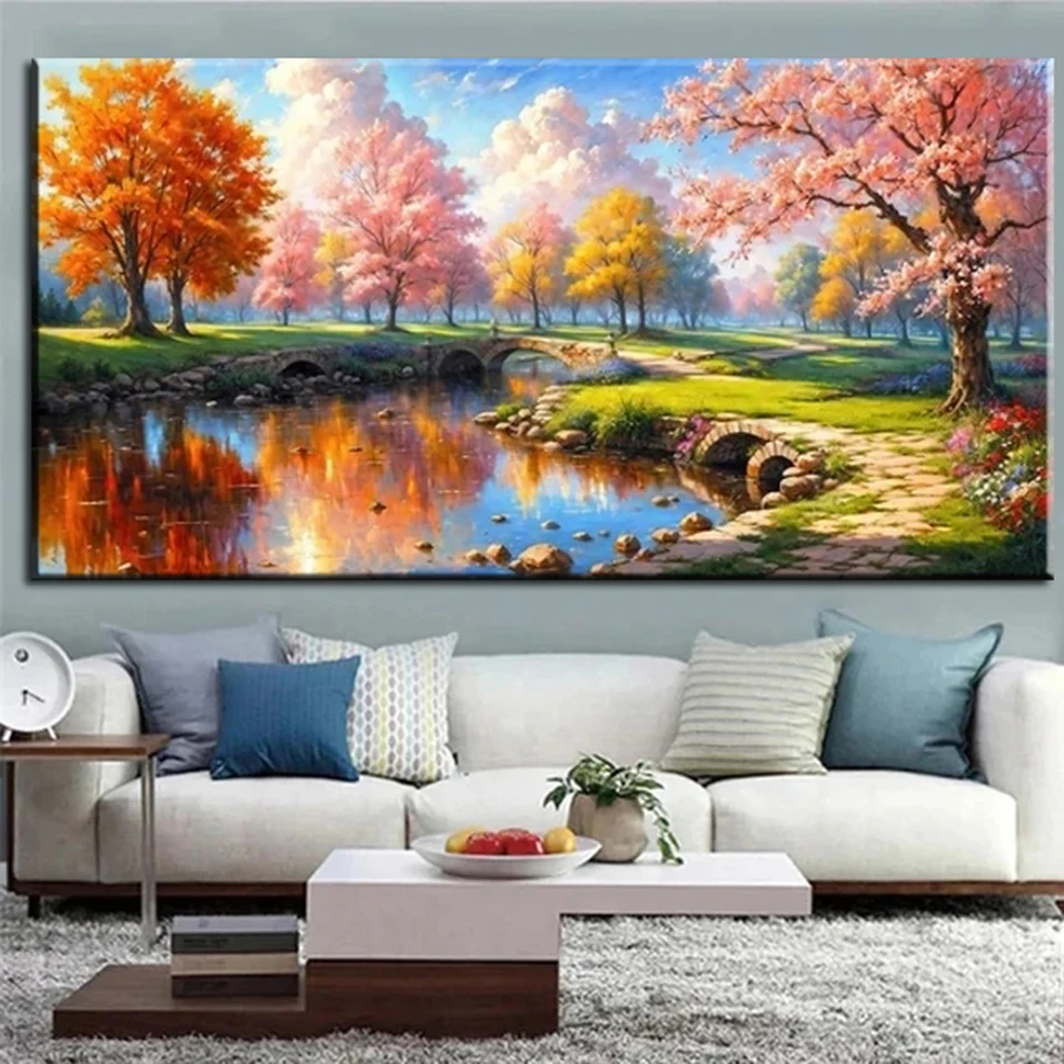 Large Spring Pink Tree Rural House Natural Landscape Diy 5d Diamond Painting Full Rhinestones Picture Embroidery New 2024 G627