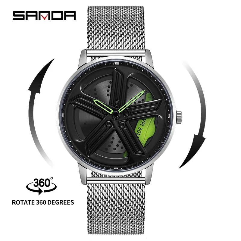 

SANDA P1106 Brand New Unique Real 3D Model Spinning Car Wheel Hub Watch Luxury Luminous Japan Waterproof Rim Watches For Men