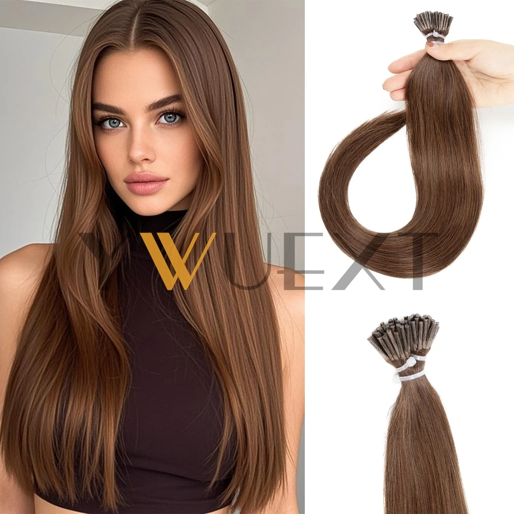 

YWUEXT Brown Micro Ring I Tip Hair Extensions Real Natural Straight Hman Hair 12''-20'' Pre Bonded Stick Tip Hair 50pcs/30g/pack
