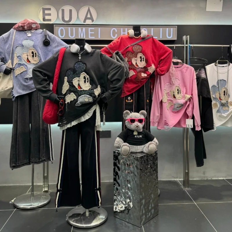 2025 Autumn New Heavy Embroidery Cartoon Crew Neck Sweatshirt Jacket For Women's Loose Design Pullover Coat Sudaderas De Mujer