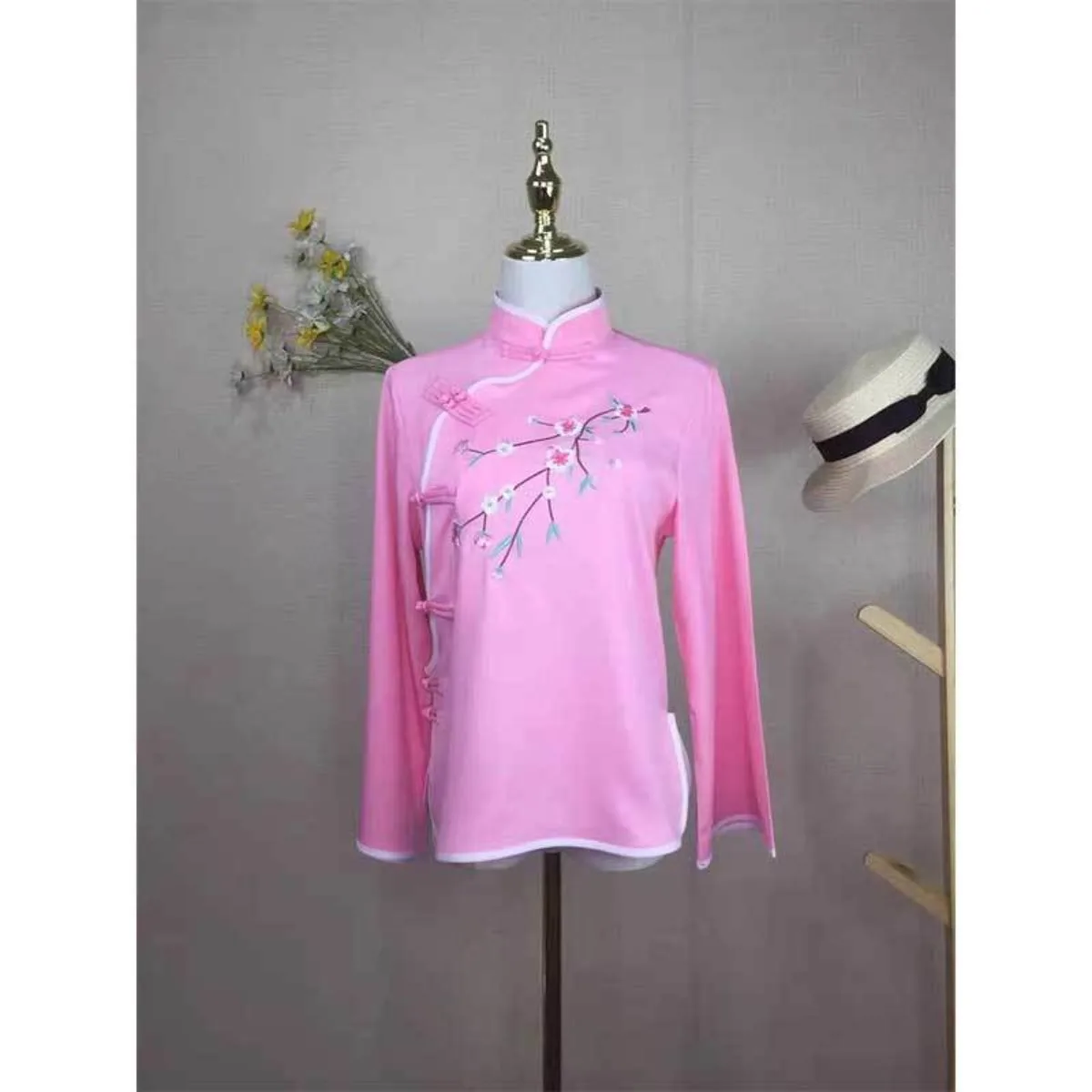 Hanfu Qipao Style Women Top Embroidered Chinese Style Retro Short Sleeve Slant Collar Frog Button Daily Tang Blouse