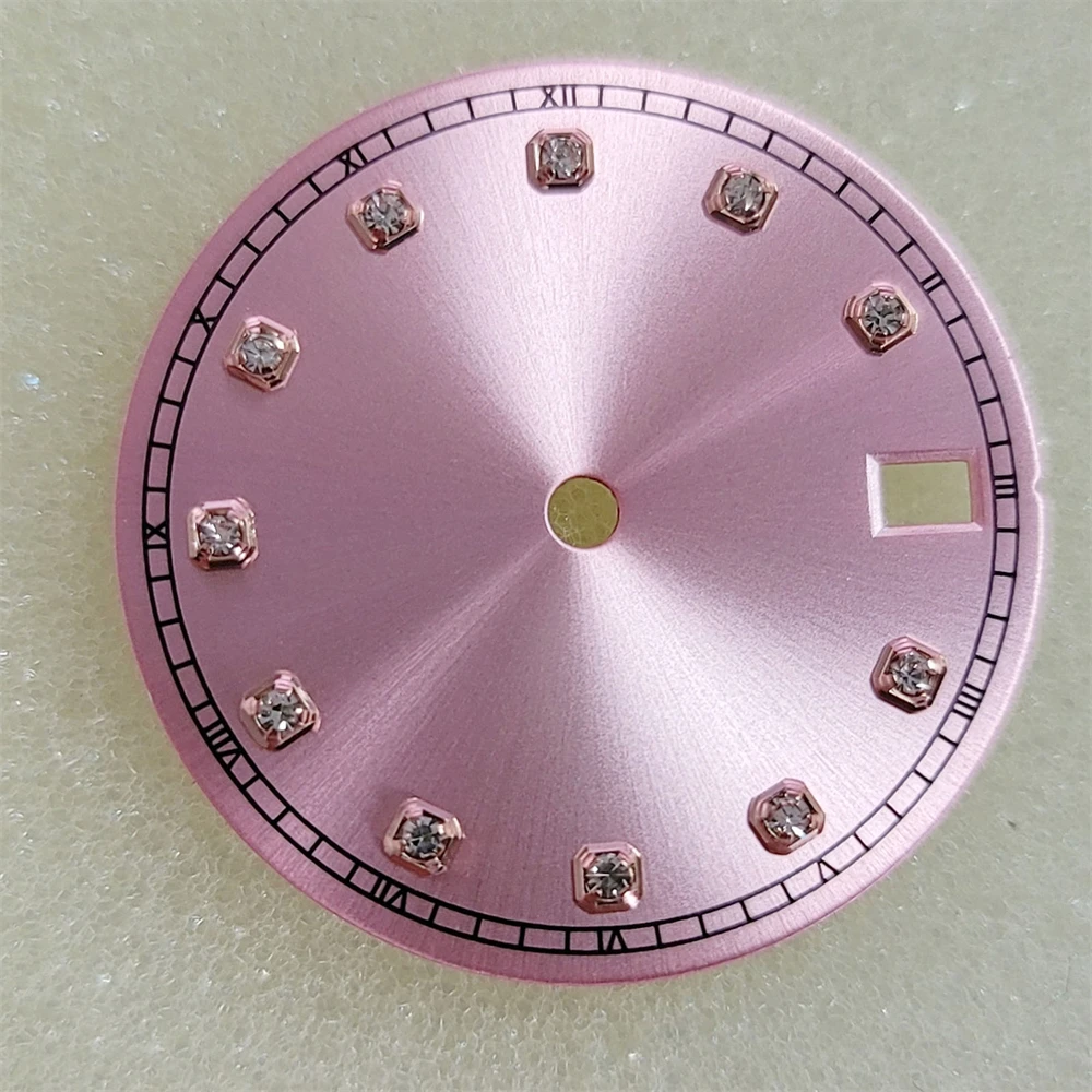 28.5mm Sunbeam Dial Rose Gold Edge Stone inlaid Hour Markers,Rail Circle,for NH35/NH36 Automatic Movement Watch Modifying Parts