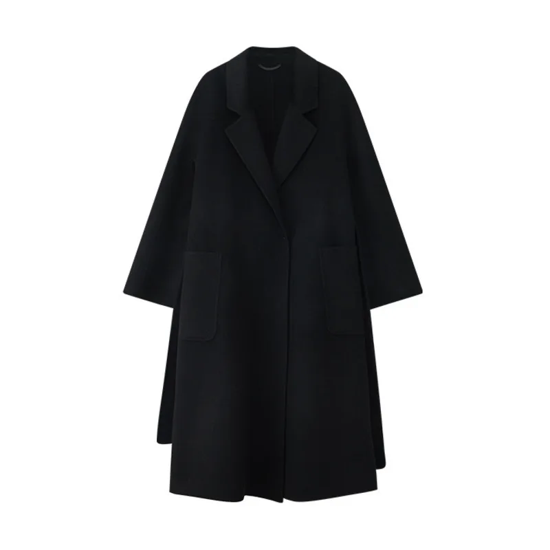 HKSH 2025 Herbst Winter Neue frauen Doppelseitige Wolle Mantel Einfarbig Taschen Gürtel Elegante High-End-dicken Langen Mantel HK15529