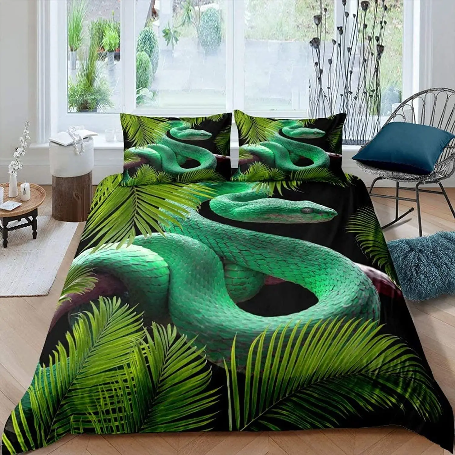 

Snake Duvet Cover Set Green Snake Bedding Set Microfiber Animal Theme Bedclothes for Boys Men Double Queen King Size Quilt Cover