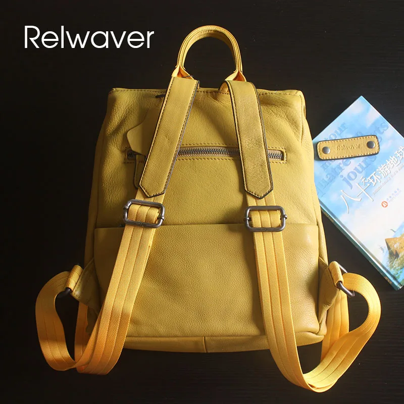 Relwaver SR-Sac d'École en Cuir de Vache group pour Femme, Naturel, Jaune, Noir, Décontracté, Couverture de Seau Souple