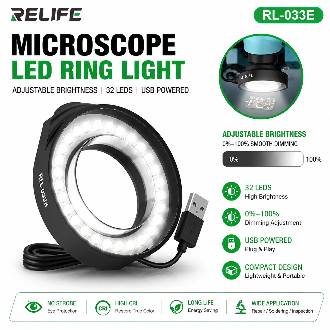 RELIFE RL-033E 32 LED Microscope Ring Light USB Powered Adjustable Brightness Shadow-Free Lamp for Phone PCB Repair