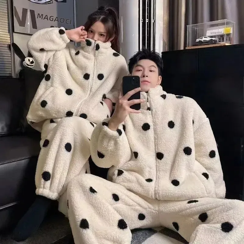 

Пижамный комплект из кораллового флиса для пар, зимний фланелевой клетчатый мужской комплект на молнии, свободная повседневная домашняя одежда, женская одежда для сна