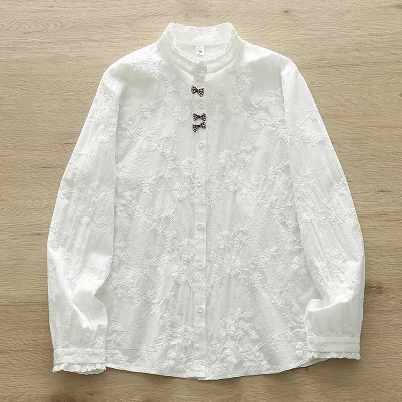 Primavera outono bordado estereoscópico arco camisa roupas femininas algodão branco gola manga comprida camisas e blusas doces u266