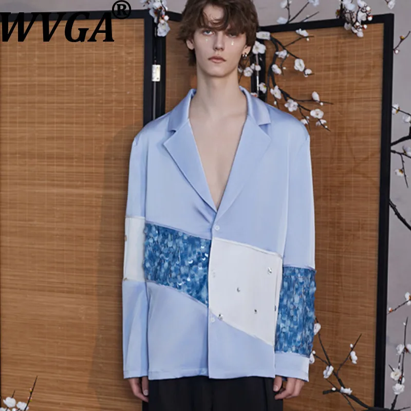 

WVGA Spring Autumn New Men's Tide Patchwork Sequins High-End Satin Long Sleeve Shirt Elegant Casual Turn-Down Collar Tops W10966