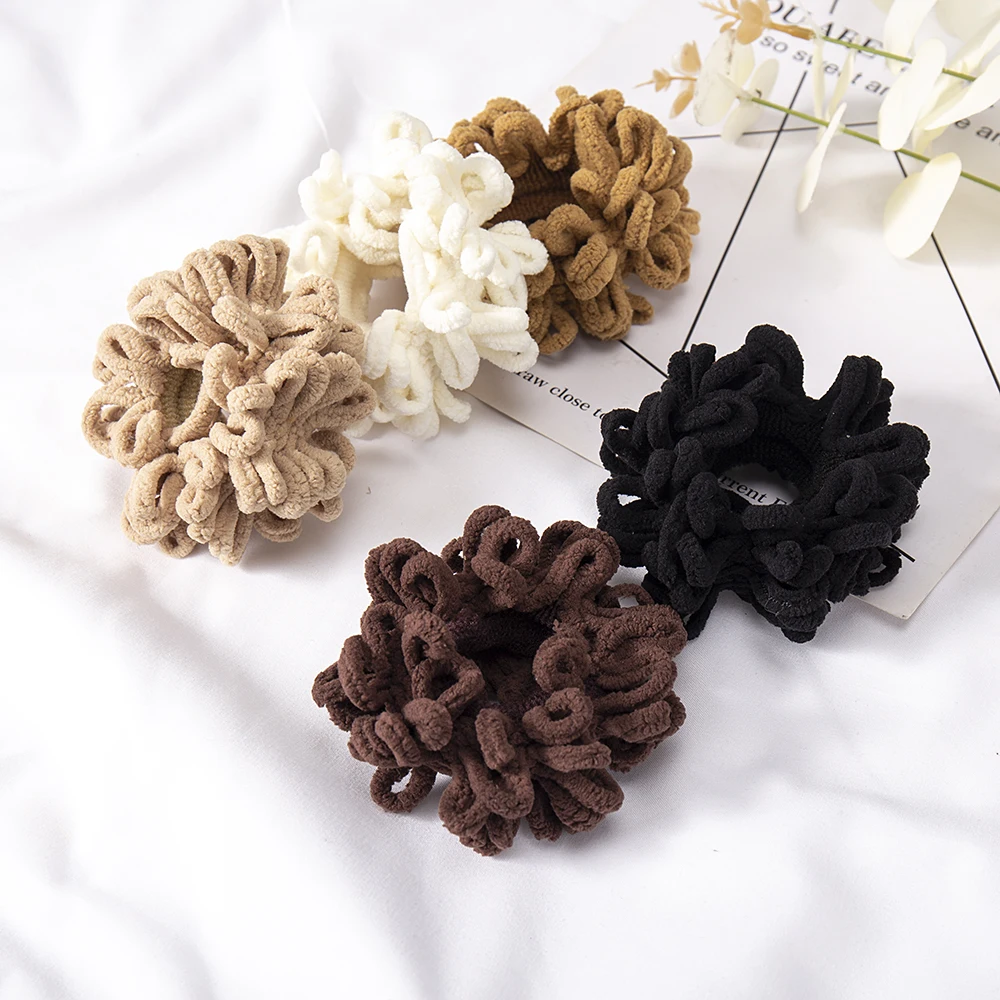 5Pcs Women Solid Flods Plush Soft Scrunchies Elastic Hair Bands Ponytail Hold Hair Ropes Tie Rubber Fashion Hair Accessories