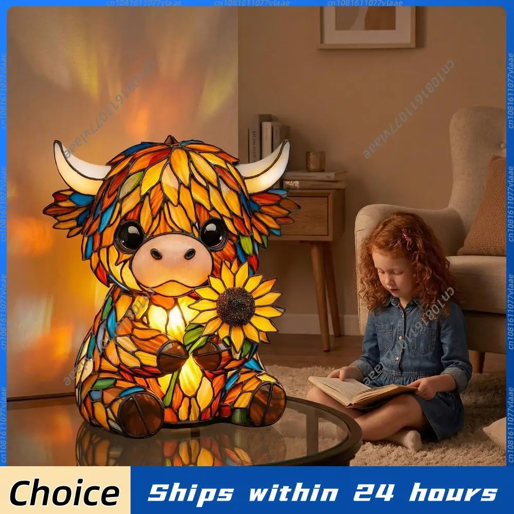

LED Sunflower Highland Cow Table Lamp Handcrafted Stained Glass Night Light Resin Animal Ornament Light for Home Office Bedroom