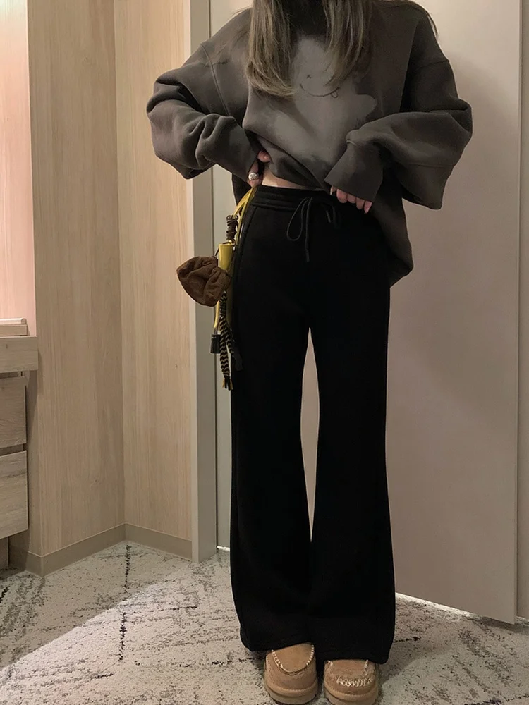 

Retro High Waist Black Elastic Waist Wide Leg Flared Casual Pants Women's Loose Floor-Length Trousers Autumn Winter Sports Sw...