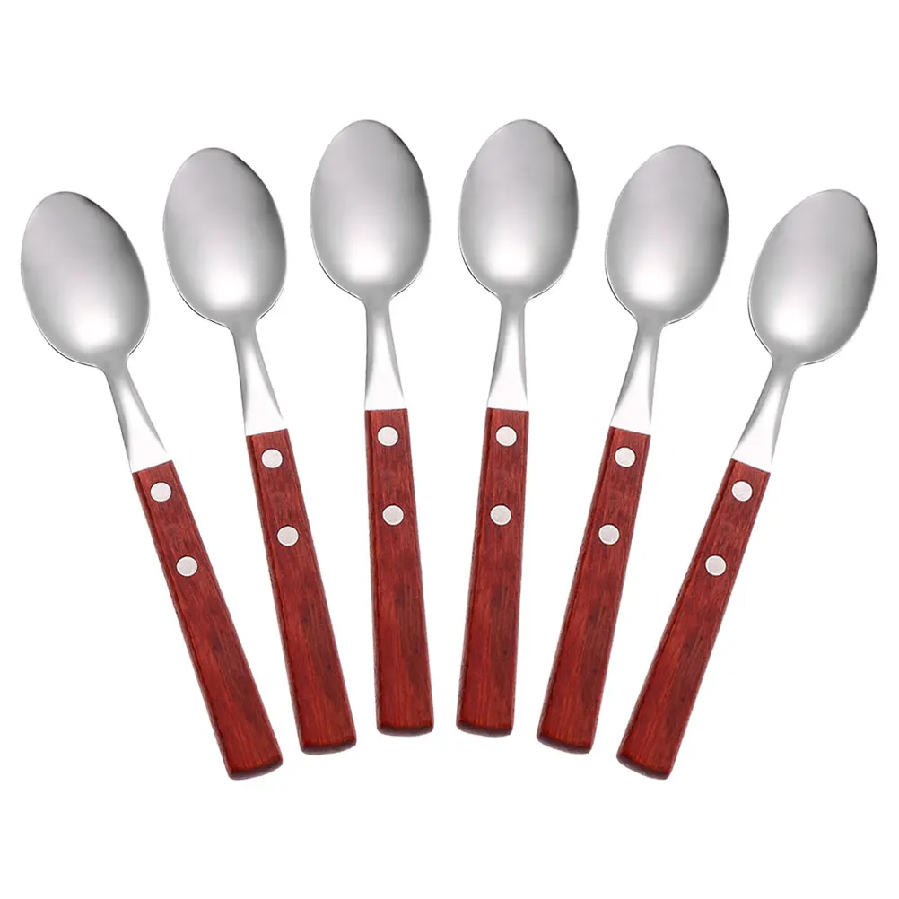 

6 Pcs Wooden Handle Dessert Spoon Cappuccino Spoons Coffee Stirrers Ice Cream Stainless Steel Serving Stirring for Drinks