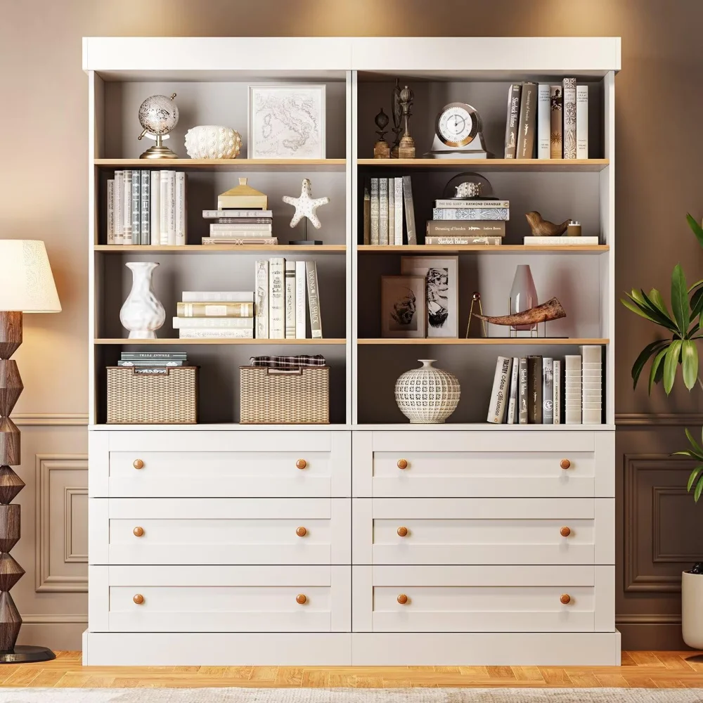 

71" Tall Farmhouse Bookshelves with Drawers, Set of 2 – Large Modular Bookcase with Adjustable Shelves, Storage Cabinet