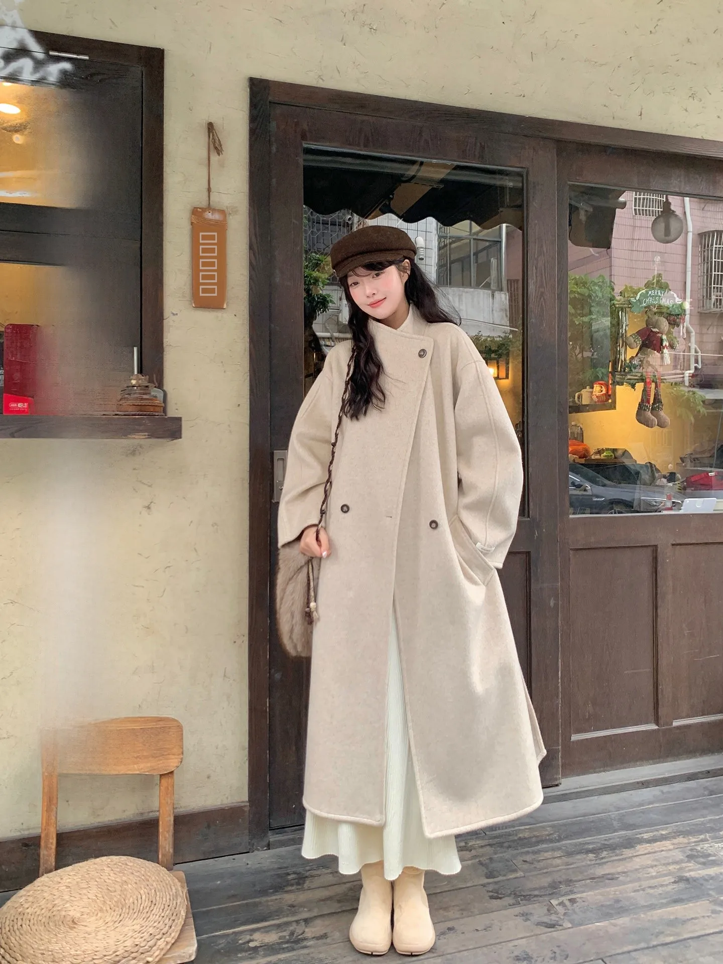 

Double-Sided Woolen Coat Women's Winter Loose Fitted Waist Long Outerwear Korean Sle High Collar Single Button Polyester Blend