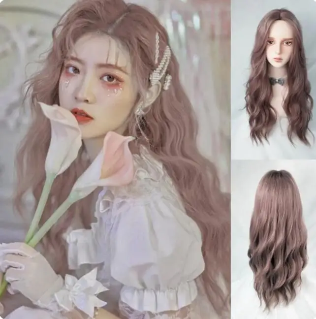 Wig Pop Brown Gray Long Deep Wave Hair Lolita Wig With Bangs Synthetic Wig Lady Fashion Thick Curly Hair Wig Girl