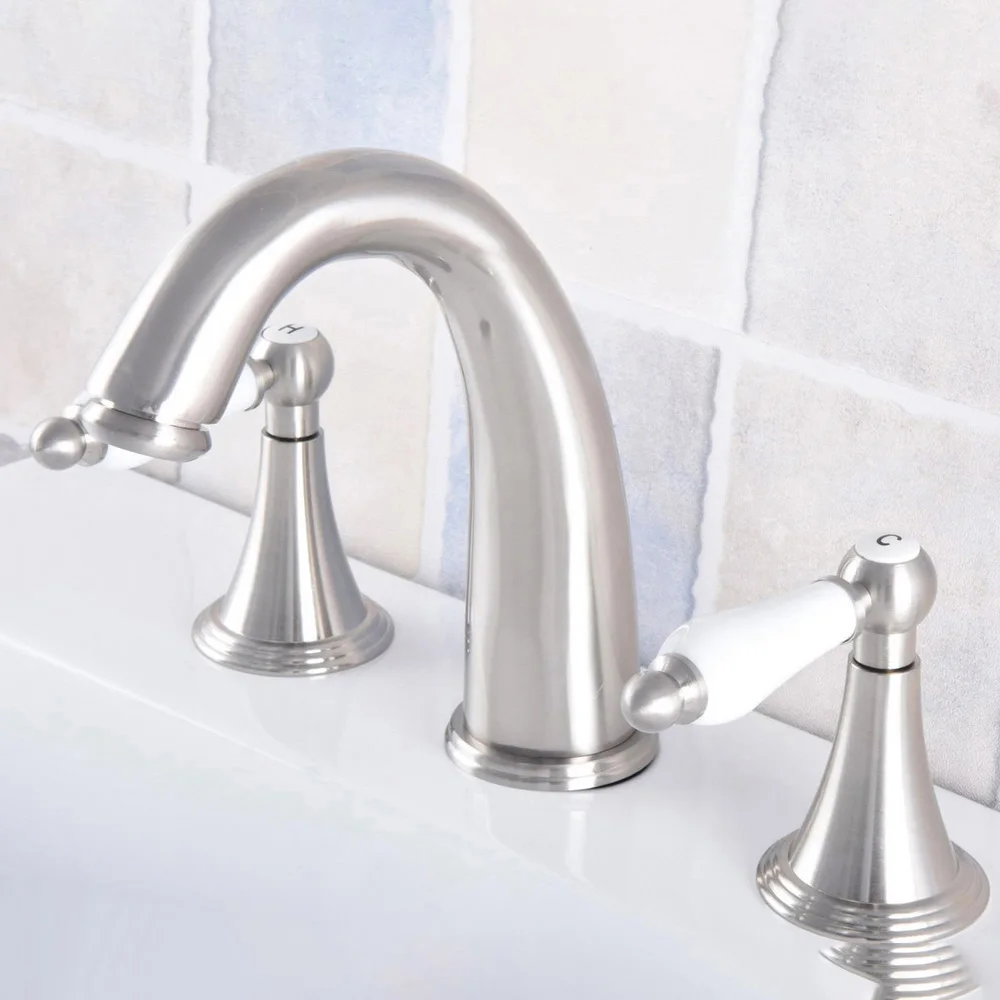 

Brushed Nickel eck Mounted Dual Handles Widespread Bathroom 3 Holes Basin Faucet Mixer Water Taps Lnf680