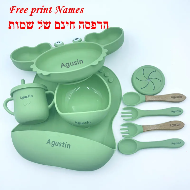 Silicone Crab Plate Baby Feeding Set Personalized Name Bowl Plate Bib Apron For Baby Sucker Cup Bowl Baby Plate Set With Name