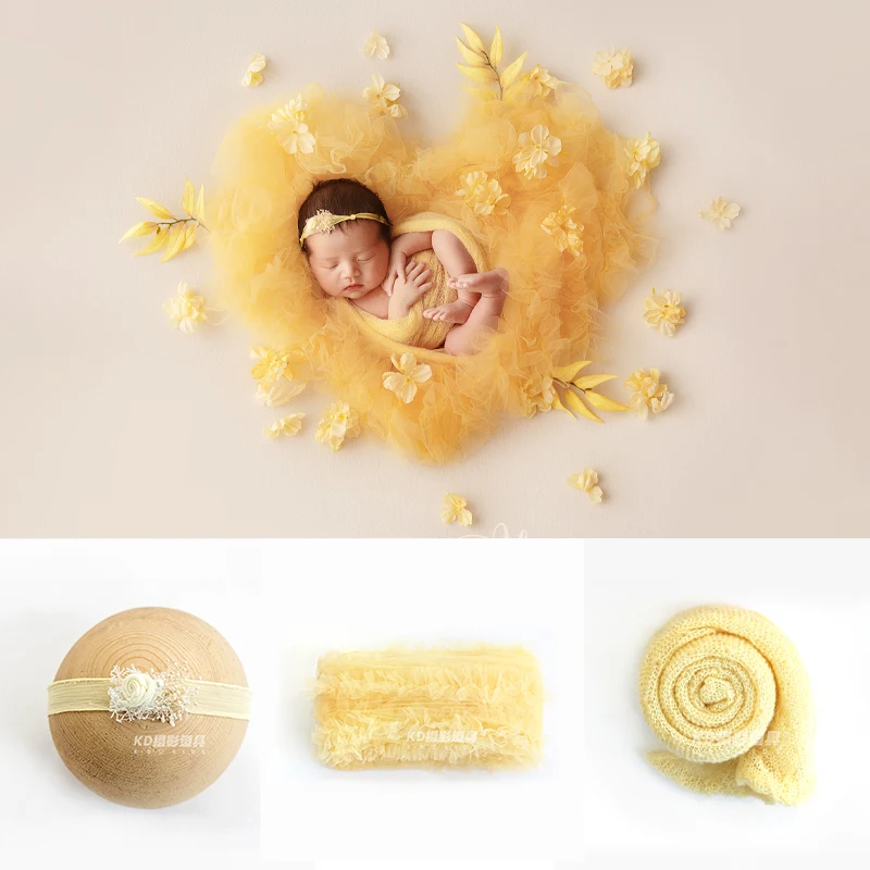 KD Newborn Photography Props Yellow Theme Photo Set Mesh Background Artificial Flower Decoration Studio Baby Shoot Accessories