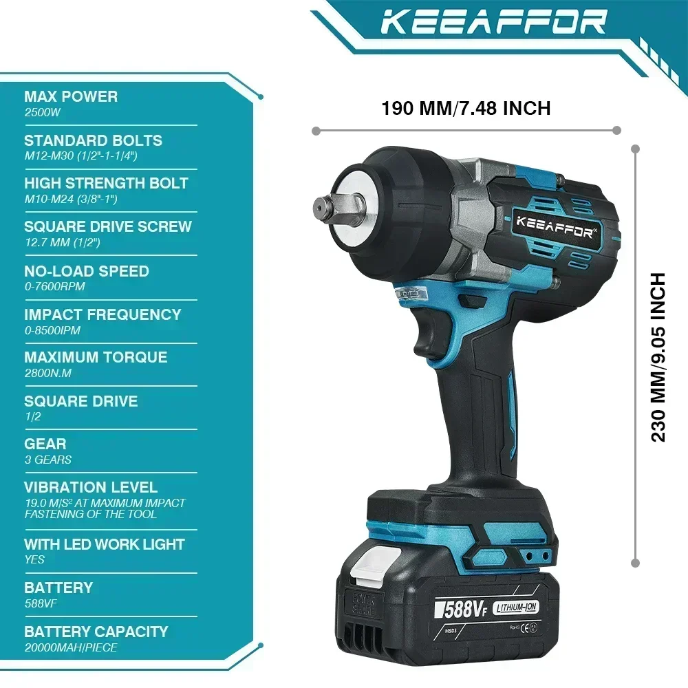 KEEAFFOR 2500W 2800N.M Brushless Electric Impact Wrench 3Gear 1/2 Inch Cordless Tool Electric Screwdriver For Makita 18V Battery