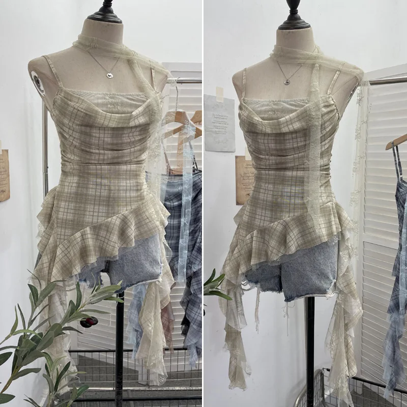 ISAROSE Y2K Plaid Camisole for Women Summer Casual Lace Scarf Breathable Stretch Mesh Patchwork Asymmetrical Ruffle Slim Tops view 3