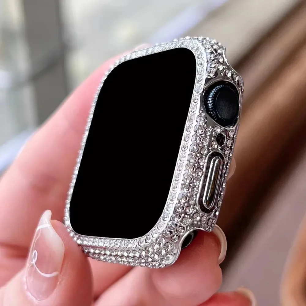Strass-Dekor, gehärtetes Glas, Displayschutzfolie, Uhrengehäuse für Apple Watch 38/40/41/42/44/45/46 mm, Serie SE/10/9/8/7/6/5/4/3/2