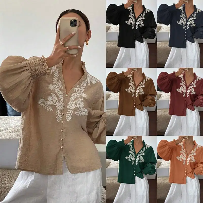 

Embroidered Pearl Single Lantern Long Sweed irt Women's Slim Fit T-irt Commute Sle Polyester Long Sve Color