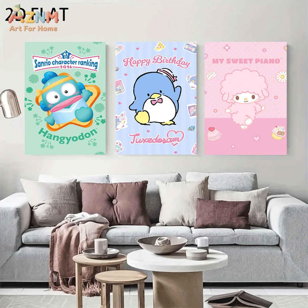AZNM Hangyodon Tuxedosam My Sweet Piano Frameless Canvas Wall Art, Birthday Cute Cartoon Poster, Pastel Kawaii Aesthetic Home Be