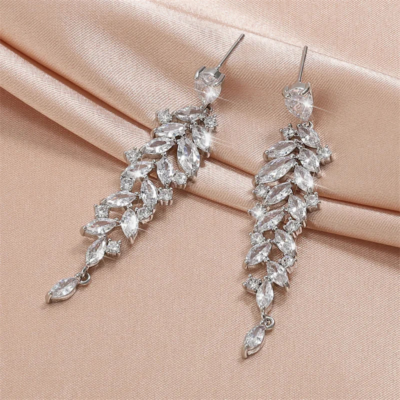 ZAKOL New Arrival Shiny CZ Bridal Earrings for Women Elegant Marquise Zirconia Long Drop Earring Wedding Jewelry