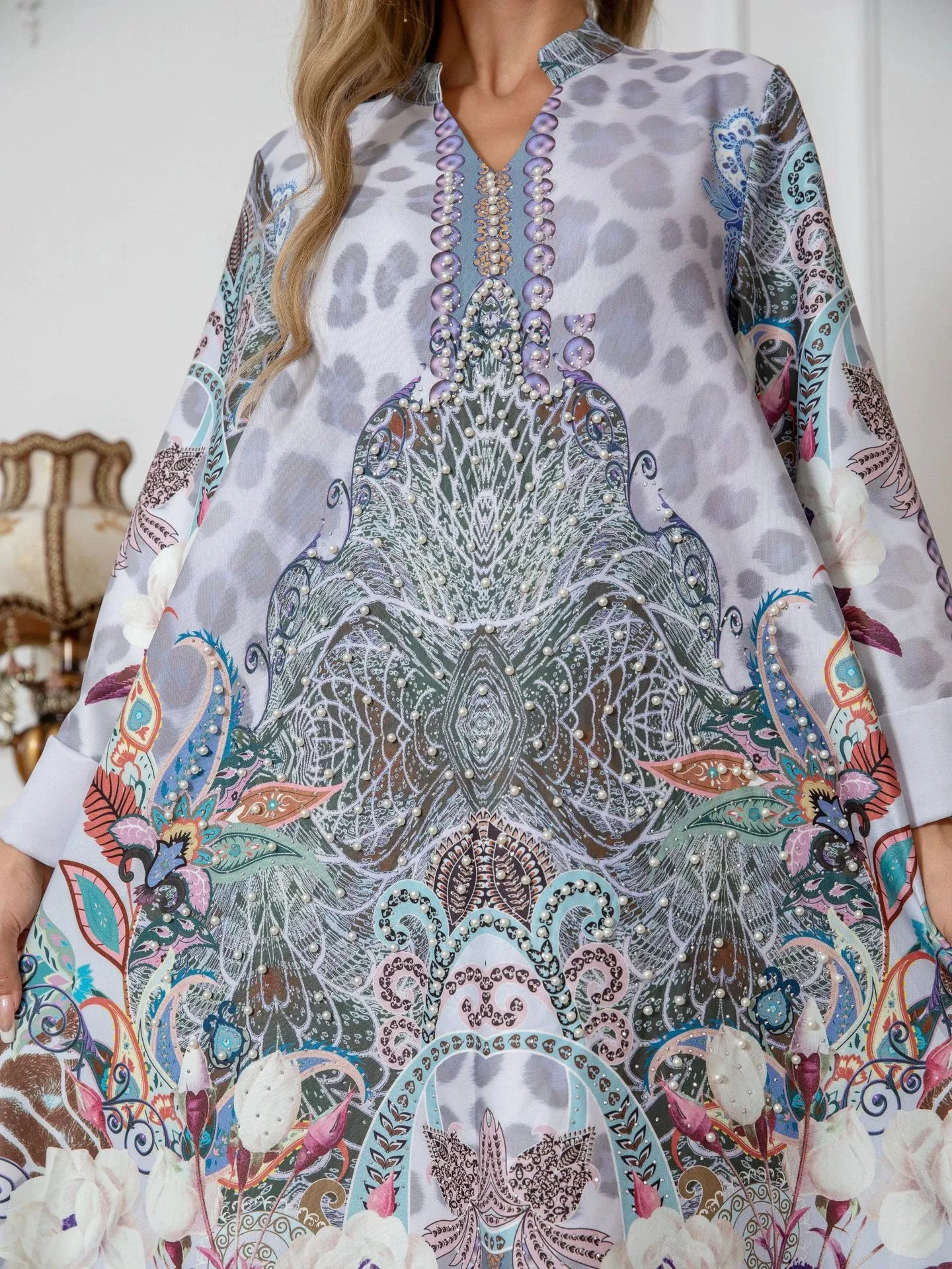 中東風ロングプリントダイヤモンドスタッズドレス刺繍ビーズゆったりウエストレギュラースリーブ春秋ロングドレス